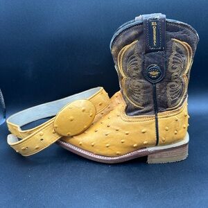 El General Ostrich Leather Cowboy Boots Youth Sz 17.5 Mexico (10.5 US) With Belt